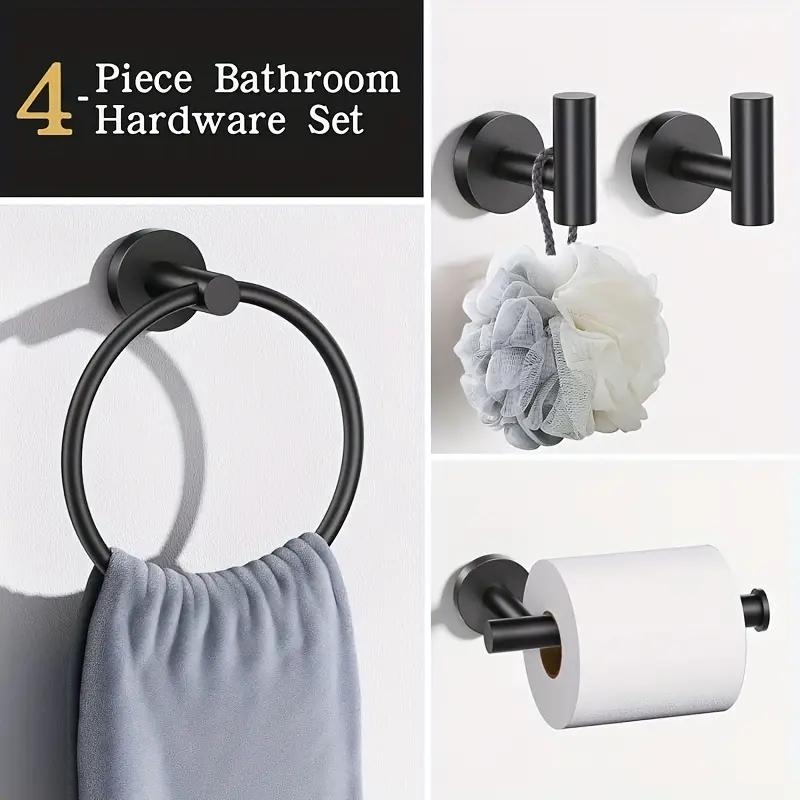 

4-piece stainless steel set, including toilet paper holder, towel ring, and 2 towel hooks for bathroom storage чёрный