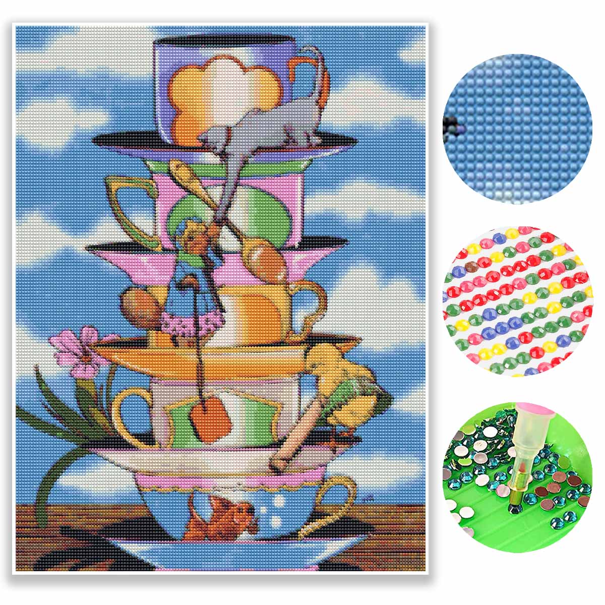 Diamond Painting Kit Full Diamond Round Mosaic Whimsical Stacked Teacups Floral Bird Cat Home Decor Gift Round 20x30cm