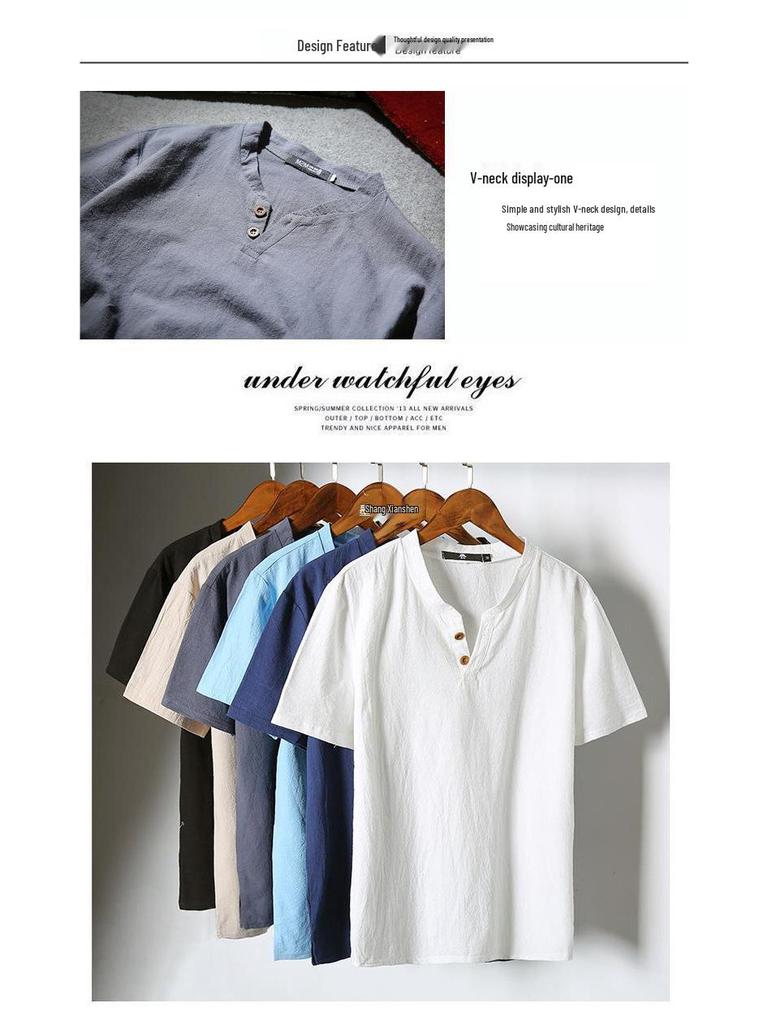 Men's Summer 2022 Cotton Linen Two-Button Short Sleeve T-Shirt - Soft & Breathable