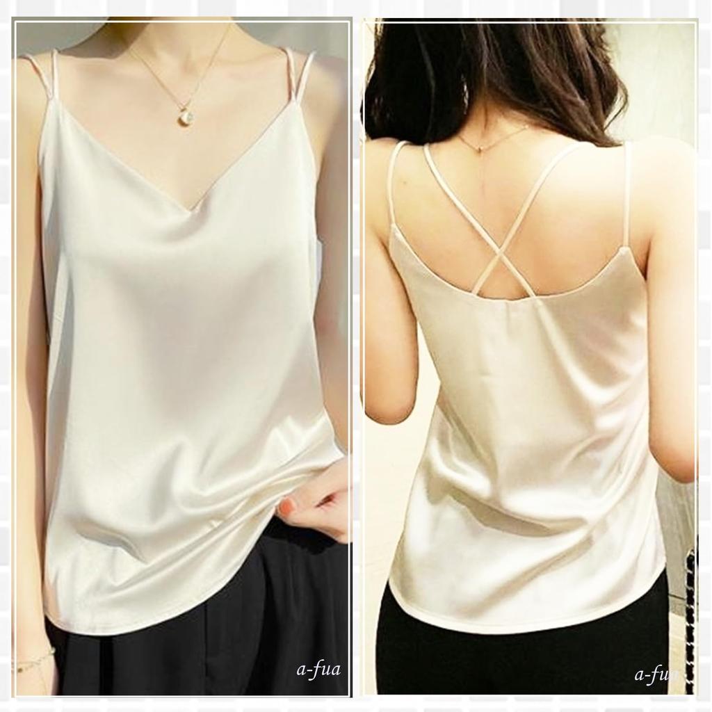 Satin Sexy Top for Women a-fua Camisole, Show-Off Cami, Cupless, Glossy, Smooth, Silk-Like, Beautiful, Cross-Back, (Champagne White, XL)