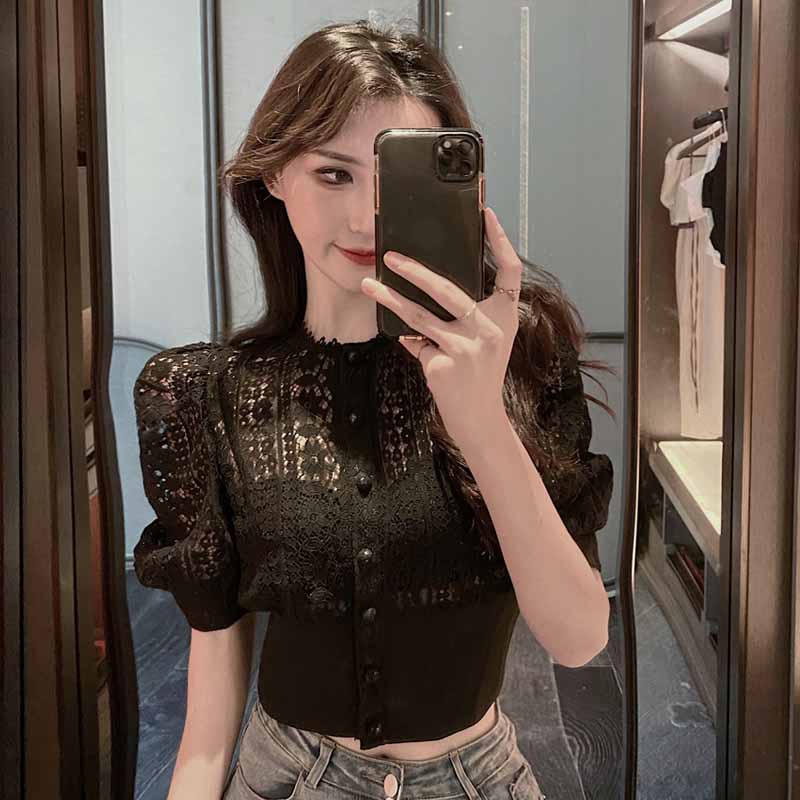Summer Blouse Women Korean Hollow Out Lace White Women Shirt Short Sleeve Button Loose Shirts Solid Female Tops