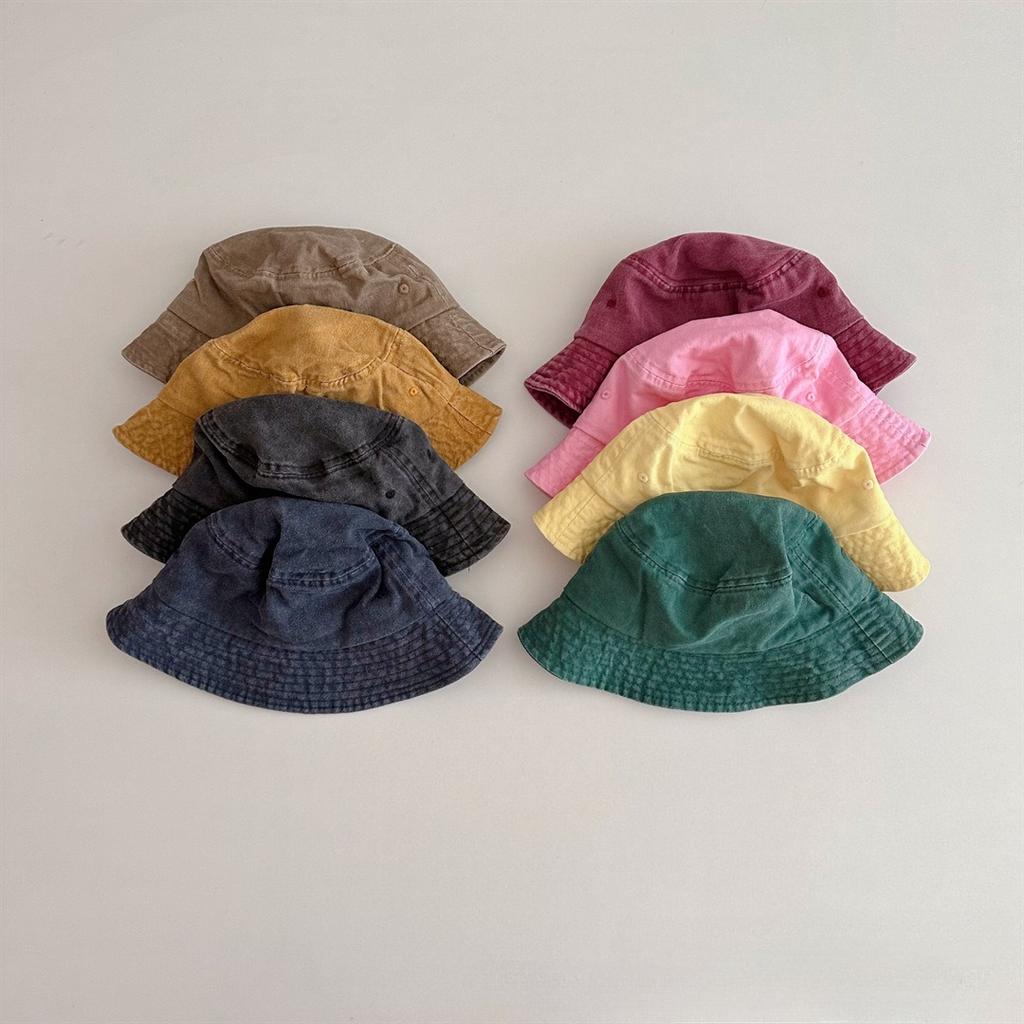Japanischer Retro Gewaschene Einfarbige Kinder Stil Große Krempe Fischerhut Alter Baumwolle Baby Sonnenschutz Sonnen Eimerhut