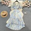 Women Chiffon Floral Long Dress Korean V-neck Short Sleeve A-line Party Dresses Summer Bohemian Style Beach Vestidos