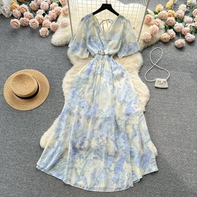 Women Chiffon Floral Long Dress Korean V-neck Short Sleeve A-line Party Dresses Summer Bohemian Style Beach Vestidos
