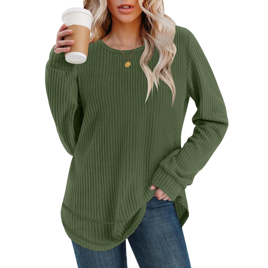 Women's Fashion Solid-Color Loose-Fit Long-Sleeve  Neck Casual Top