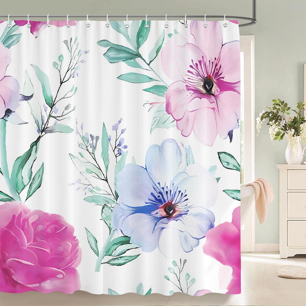 Beautiful Watercolor Flowers and Leaves Printed Shower Curtain Polyester Waterproof Bathroom Curtain Home Decoration With Hooks