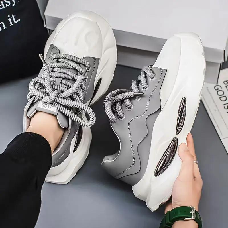 Fashion Chunky Sneakers Men Designer Soft Sole Sport Shoes Fashion Casual Microfiber Leather Upper Height Increased Platform White Shoes