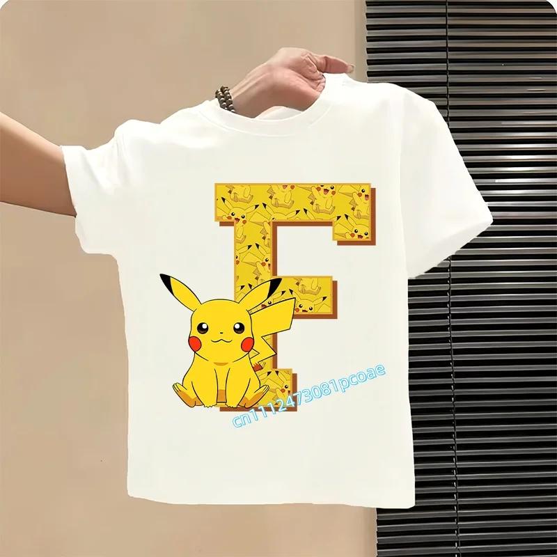 Short Sleeve Summer T-shirt Tops Cotton Tee for Pokemon Pikachu Anime A-Z Letters Printed Cute Clothing Children Casual Clothes