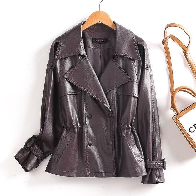 Haining Leather Jacket Women Short Slim Fit Sheepskin Trench Coat Office Wear Petite Size 2025