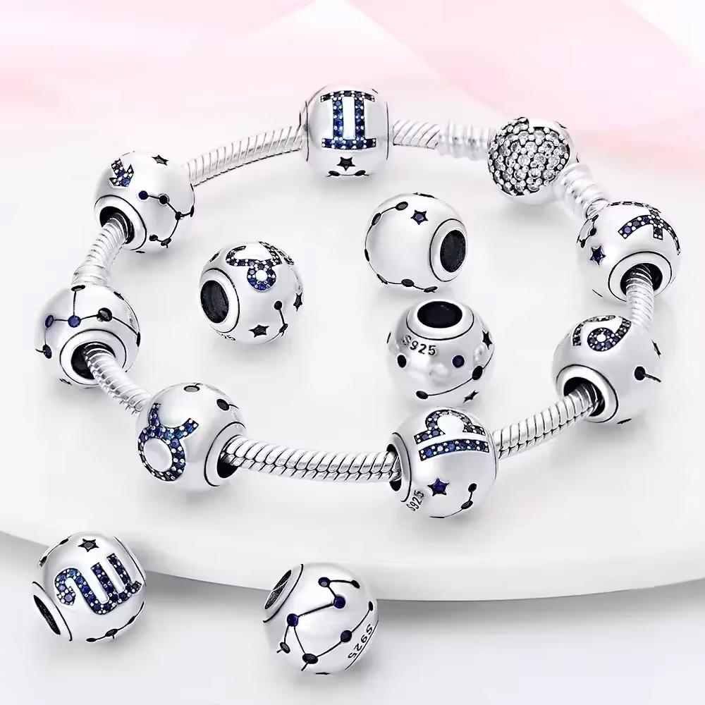 Perles exquises Gémeaux Zircon blanc Douze signes du zodiaque Breloques originales en cuivre S'adaptent au bracelet Femmes Cadeaux de vacances Anniversaire