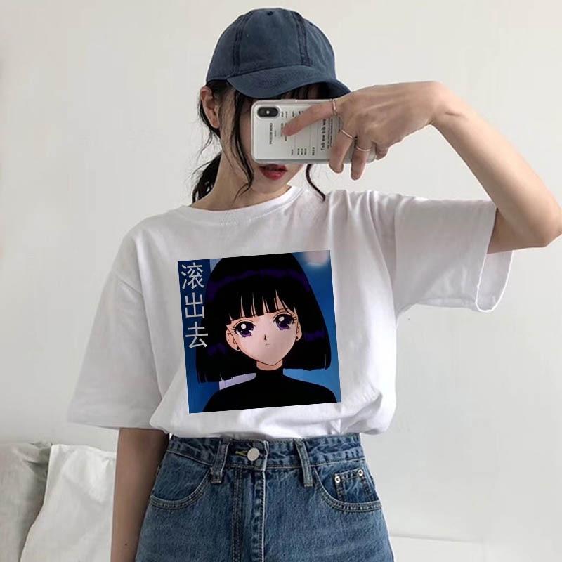 

Летние женские с коротким рукавом с мультяшным принтом Сейлор Мун, большой размер, свободные Harajuku, японская мода, Casu