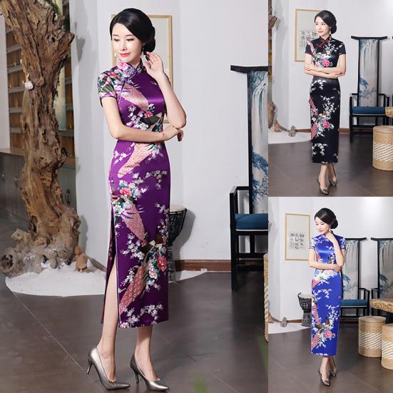 Abito Midi Cheongsam da Donna Cinese a Maniche Corte con Spacco sull'Orlo a Pavone per Banchetto