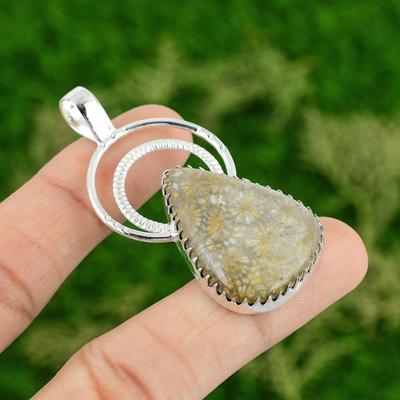 Daughters Day Deal Fossil Coral Gemstone 925 Sterling Silver Root Chakra Pendant