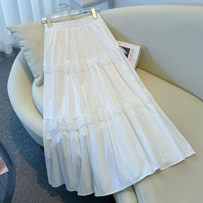Vit fransk volangkjol i midilängd för kvinnor - Sommar hög midja patchwork spetskant volangkjol