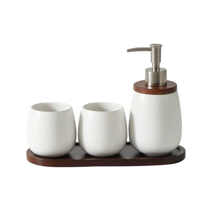 Nordic Design Ceramic Mouthwash Mugs Soap Dispenser Set with Wooden Tray Perfect For Coffee Room Home Toothbrush Storage