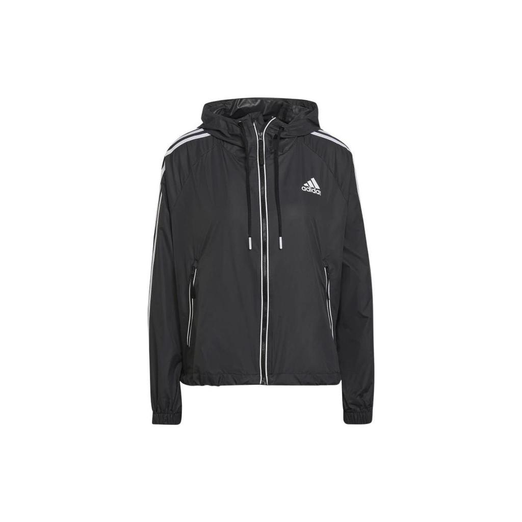 Adidas BSC Striped Zip Pocket Detail Drawstring Hooded Jacket Women Jacket Black H55345