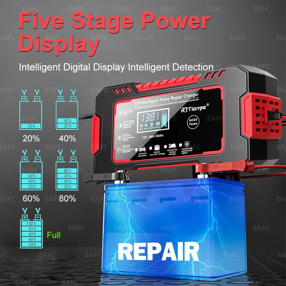 EAFC 12V Smart Battery Charger with LCD Display, 6A Intelligent Pulse Repair