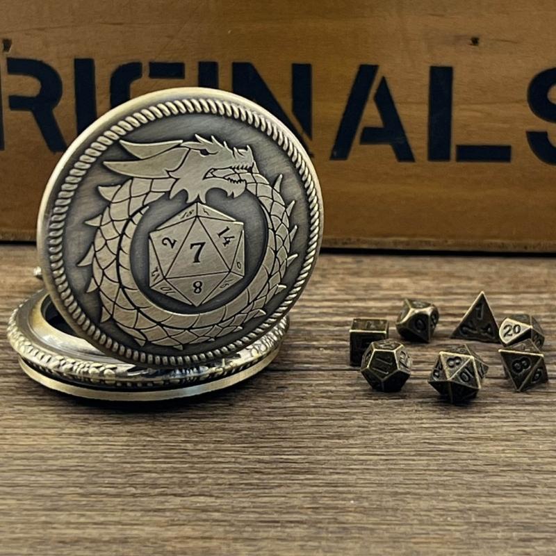 Polyhedral Micro Cubes Vintage Pocket Watch with Micro Polyhedral Set Alloy Material for Tabletop RPG and Card Games
