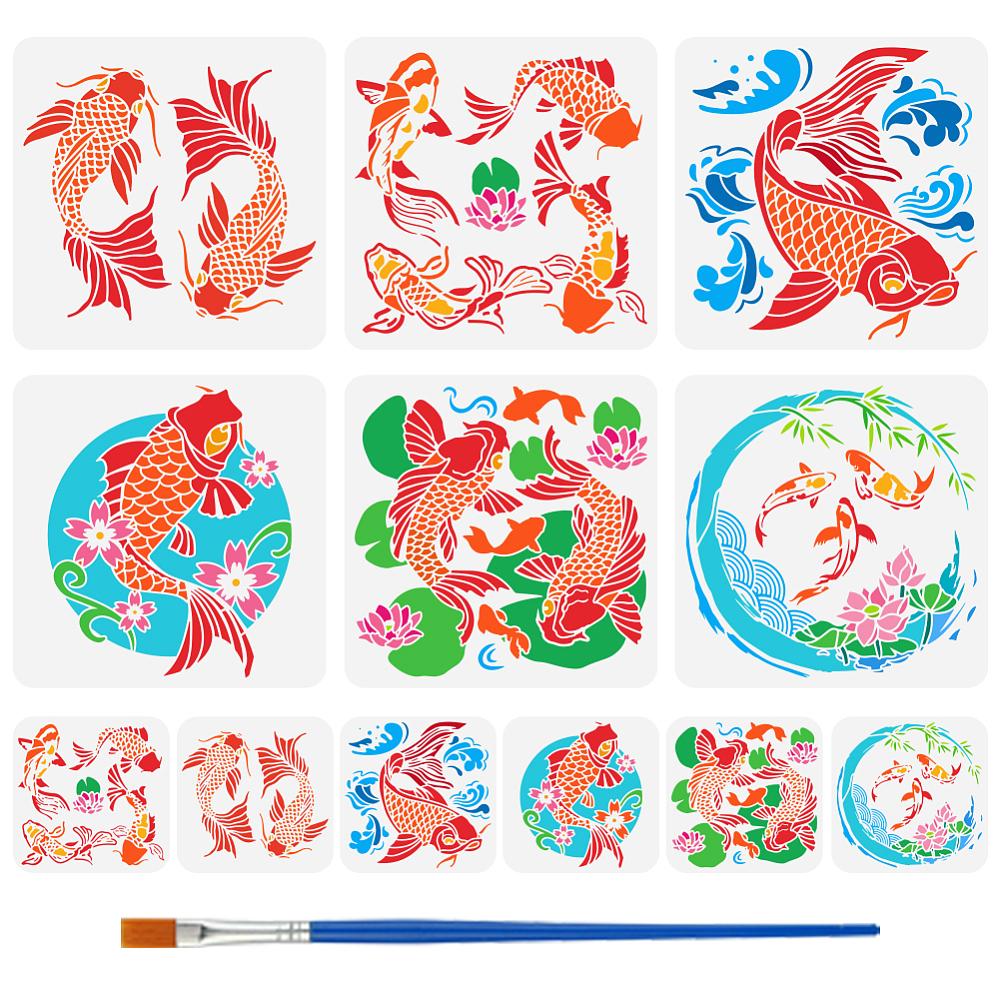 12Pcs 12 Styles PET Hollow Out Drawing Painting Stencils, for DIY Scrapbook, Photo Album, Fish, 150~300x150~300mm, 1pc/style