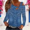 Women Plus Size Asymmetric Cutout Neck Cold Shoulder Long Sleeve Floral Printed Denim Blue Blouse