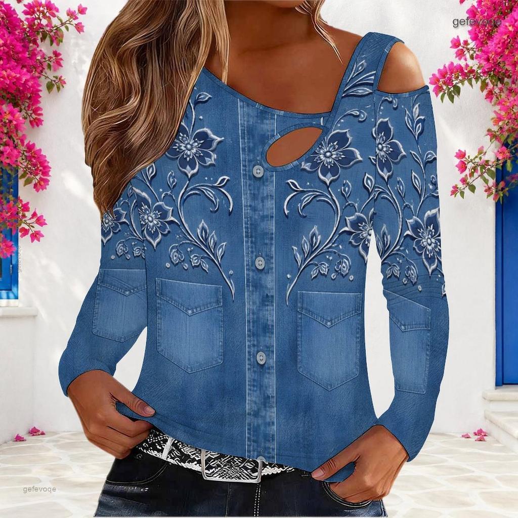 Women Plus Size Asymmetric Cutout Neck Cold Shoulder Long Sleeve Floral Printed Denim Blue Blouse