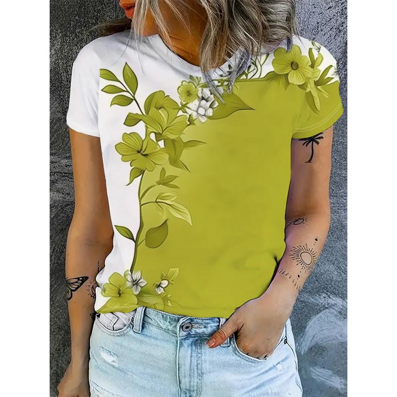 2026Women's Fresh Floral Print Round Neck Short Sleeve T Shirt Two-tone casual everyday versatile top