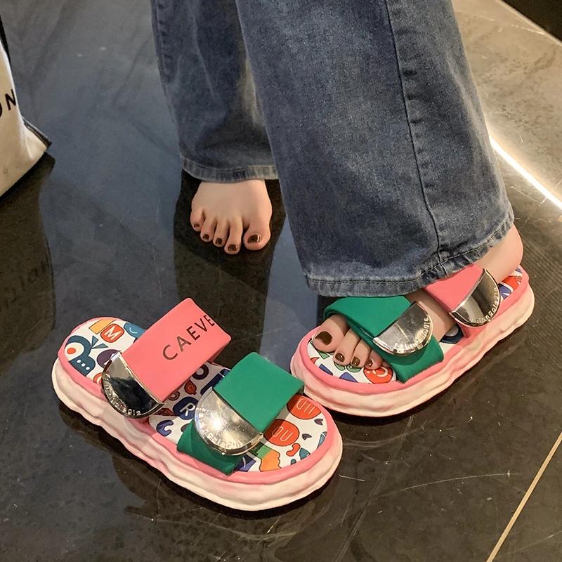 Fashion Woman Sandalias Footwear 2025 Korea Style Fashion Beach Slippers Cross-strap Female Rome Sandal Platform Buckle Summer Shoes