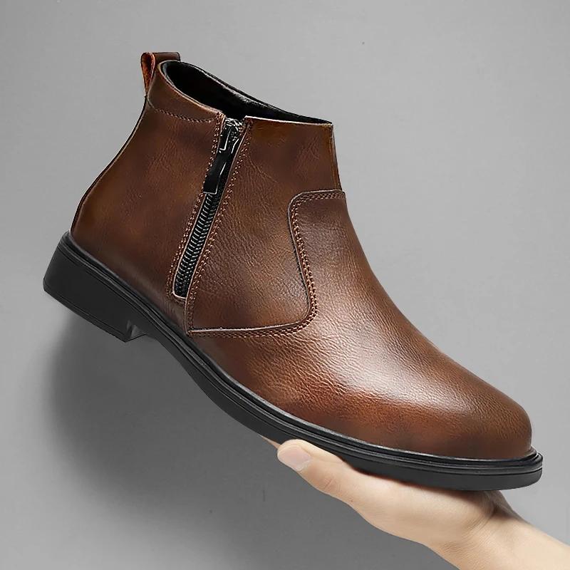 2026 Autumn and Winter New High-Top Leather Shoes Men's Zipper Leather Boots Men's Shoes Fashion Versatile Business Casual Shoes