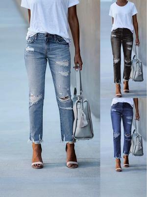 Jeans droits slim déchirés pour femme - Couleur unie, Style polyvalent