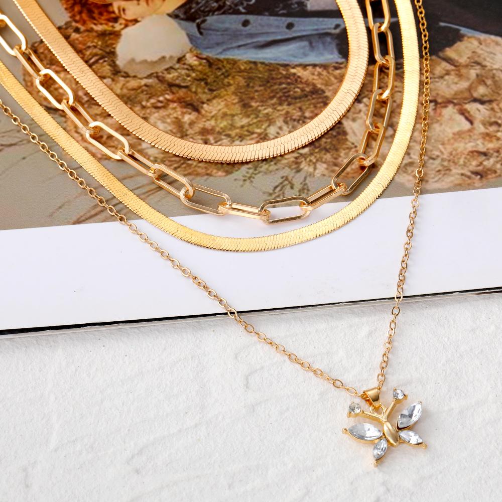 2023 New Korean Simple Necklace Butterfly Necklace Women's 4-piece Set Necklace Snake Bone Chain Elegant Charm Luxury Sweater Chain Simple Holiday