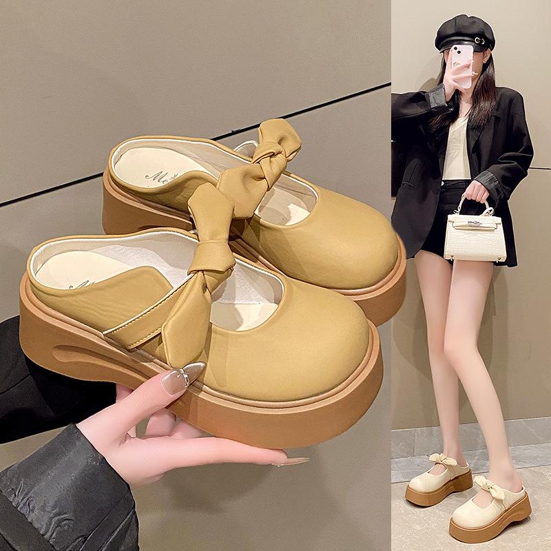 

Women s Bowknot Slip-on Thick-Soled Half Slippers - 2025 Spring/Summer Mary Jane Closed-Toe Sandals Size 39 хакі