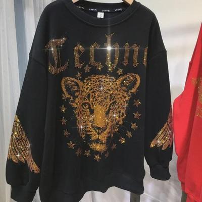 Extra großer Leopardenpullover mit Rautenbesatz für Damen – luxuriös, lockere Passform, Rundhalsausschnitt
