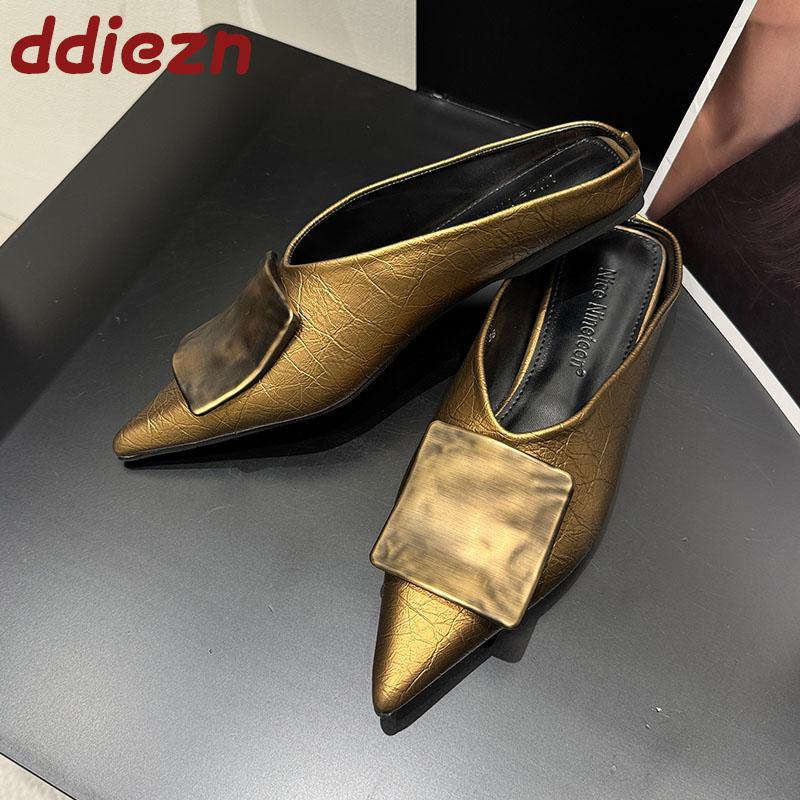 Mode Mode Metall Kvinnor Ballerinaskor Tofflor Skor Mules Sandaler Vår Sommar Strand Kvinnliga Slides Spetsig Tå Damer Ballerinaskor Tofflor Skor