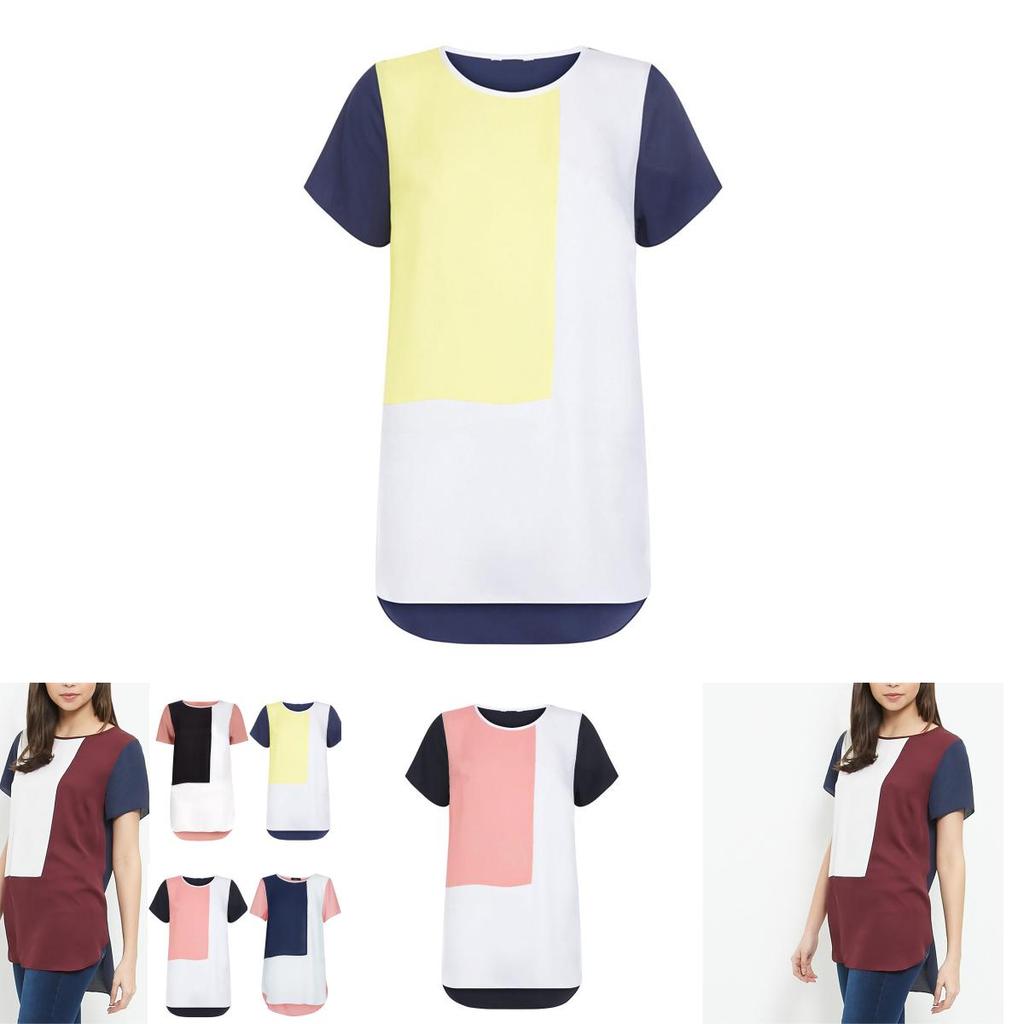 Women's Summer O-neck Loose Short Sleeve Shirt With Leisure Patchwork Design