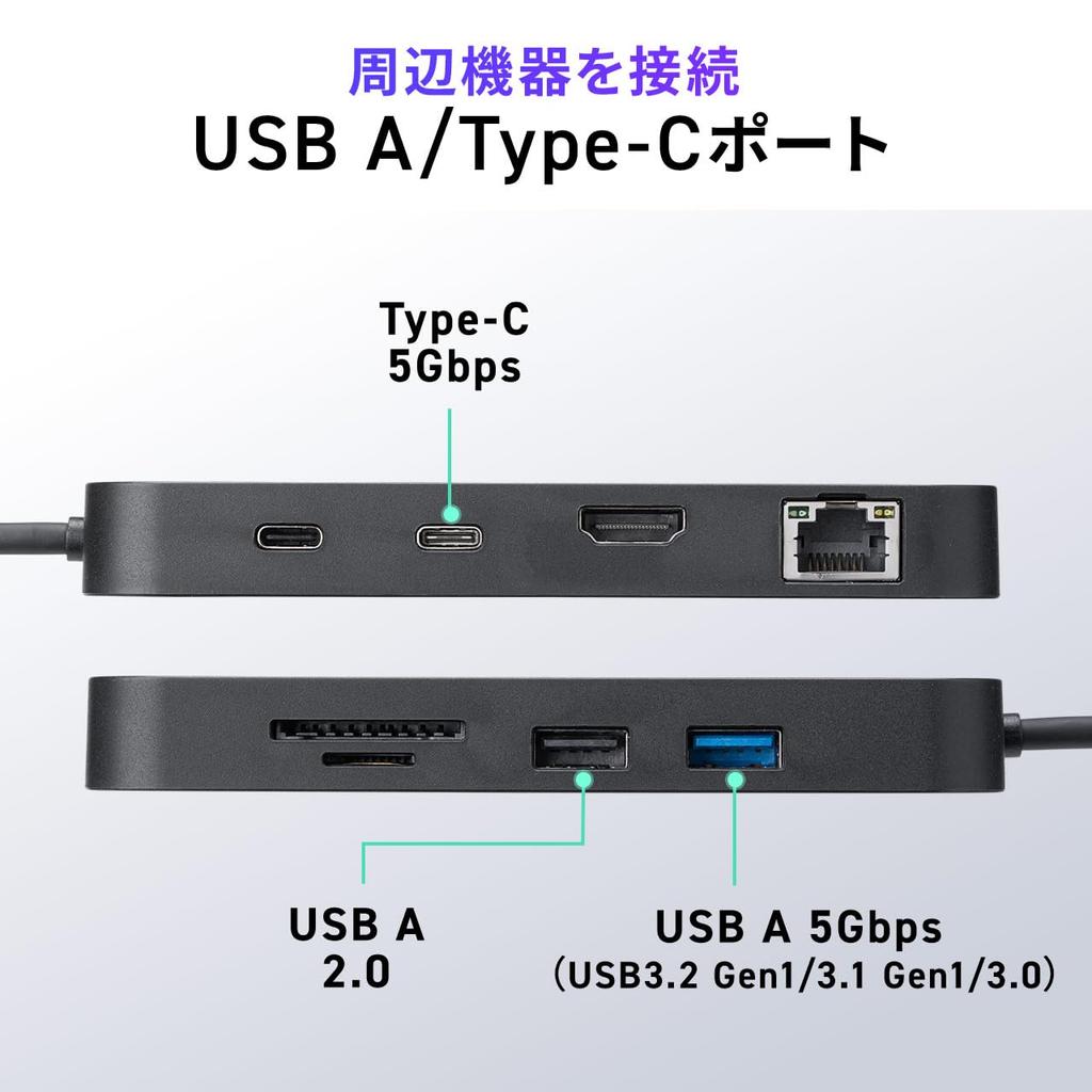 Sanwa Direct Type-C Docking Station, HDMI 4K/30Hz, LAN, SD/microSD, 2 Type-A, 2 USB-C, PD100W Fast Charging, 8-in-1 USB Hub (400-DKM2BK)