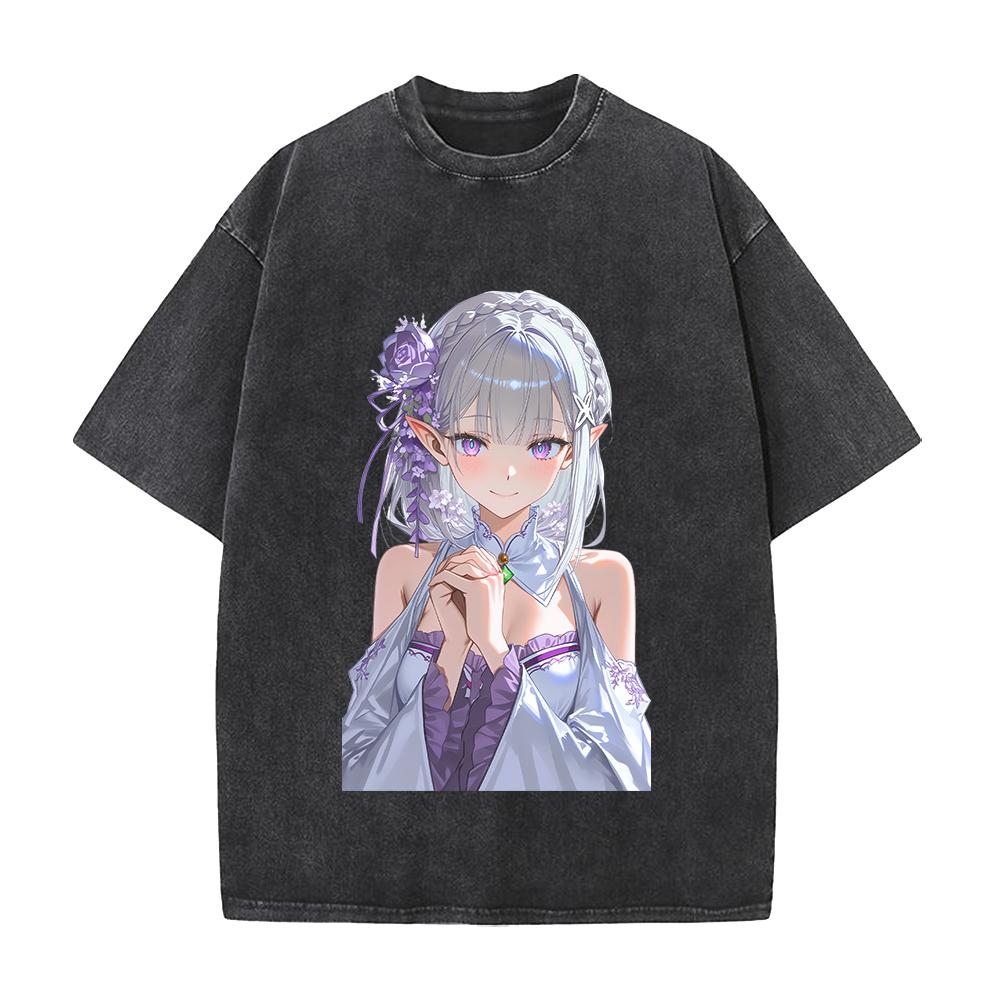 Re ZERO Starting Life In Another World Emilia Printed Tee Men Women Washed Cotton T-shirts Retro T Shirt Harajuku Unisex Tshirt