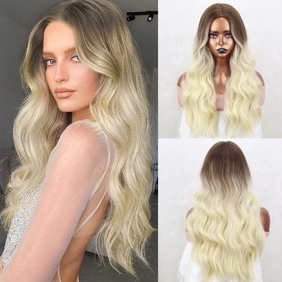 Synthetische Ombre lange gewellte Perücke hellblondes Platin lange gewellte Mittelteilhaarperücke natürliche Cosplay-Perücken