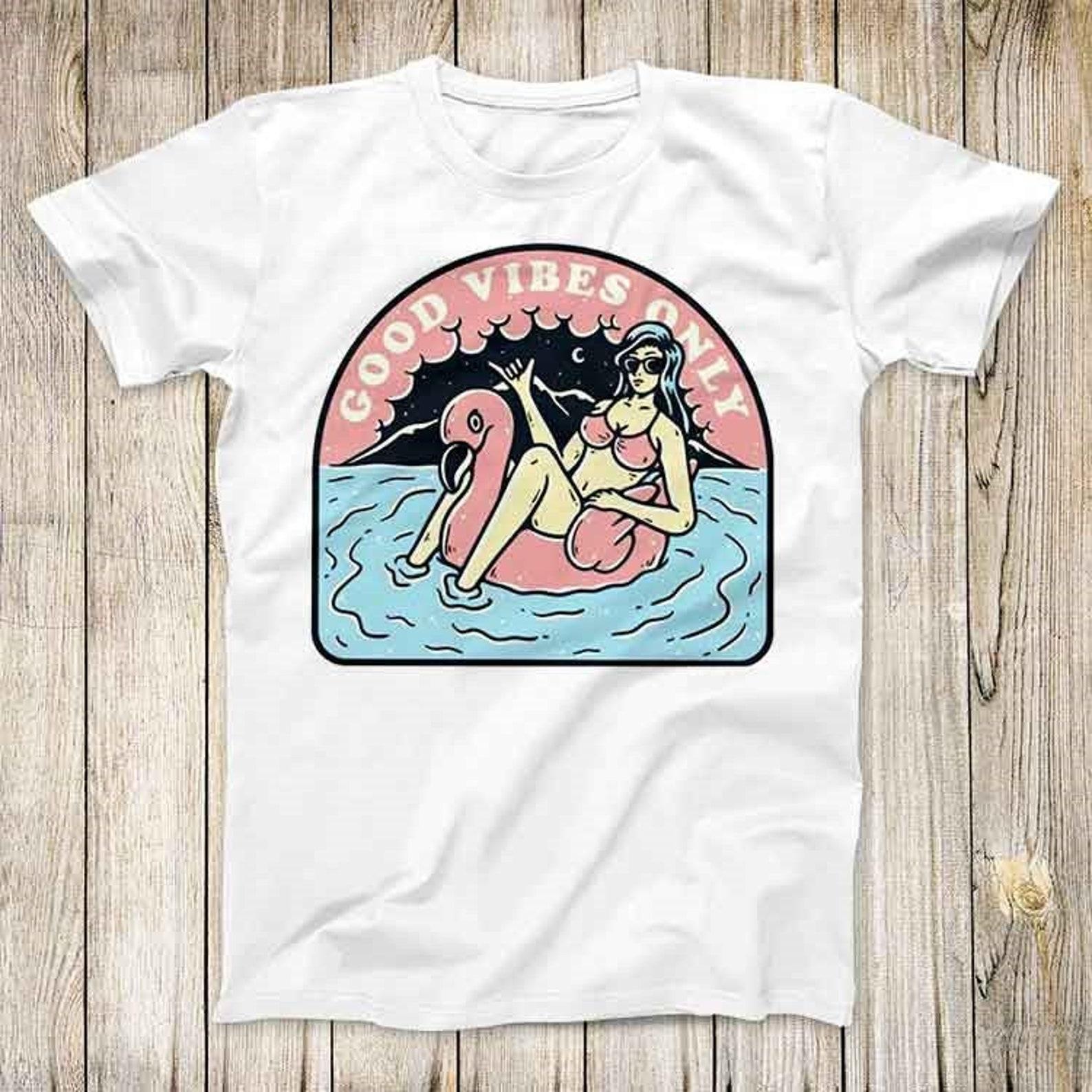 Good Vibes Only Island Tee Vintage Flamingo Top Retro Super Cool Holiday Summer Best Gift T-Shirt 2662 S