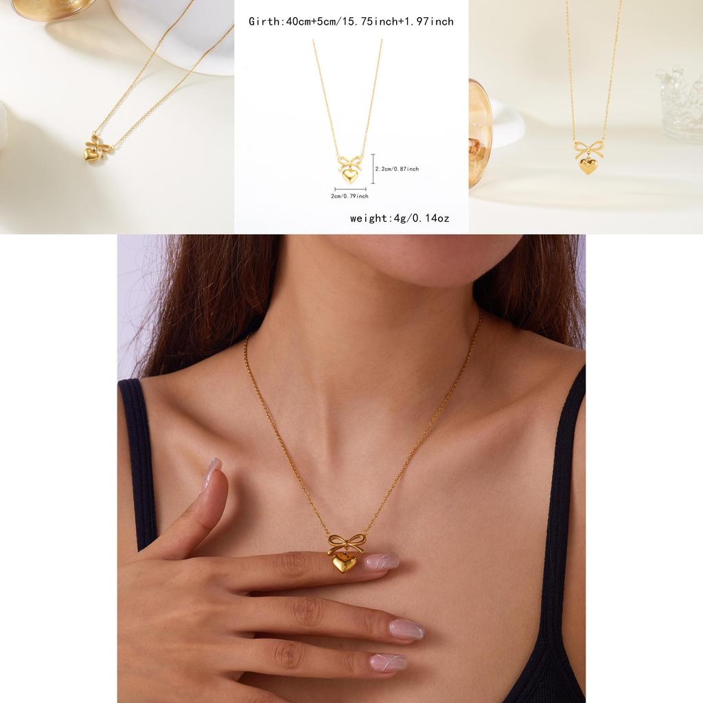 Minimalist Butterfly Bow Heart Pendant Necklace With Gold Plated Stainless Steel For Women
