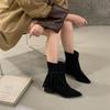 European and American wind slope heel pointed tassel high heel short boots