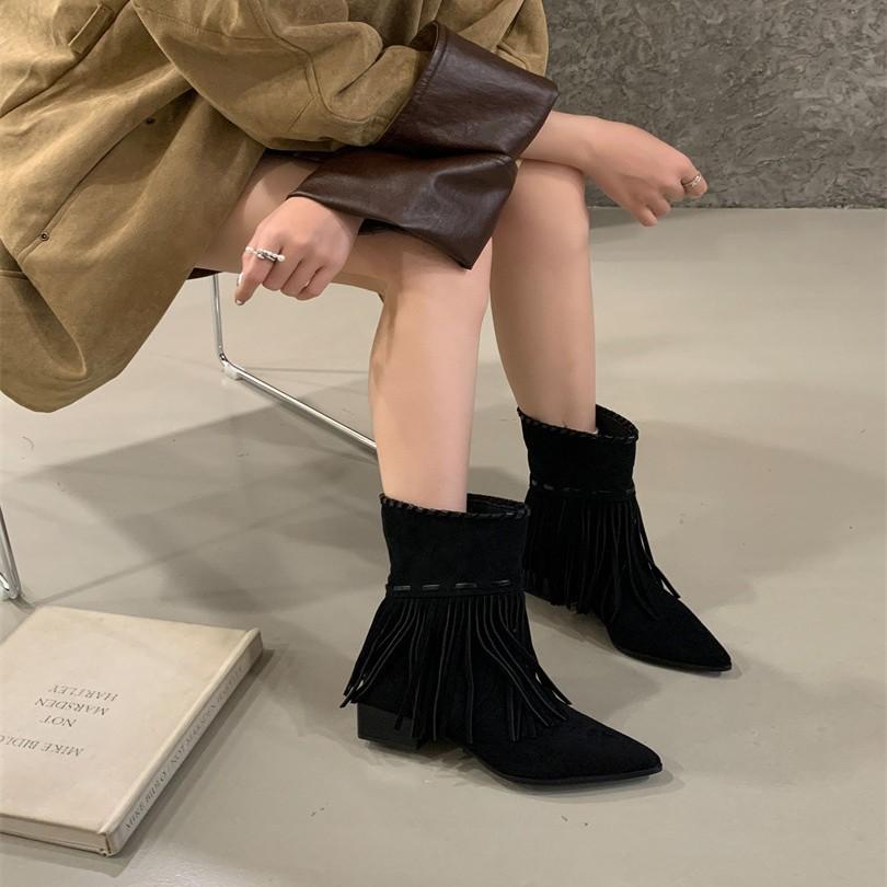 European and American wind slope heel pointed tassel high heel short boots