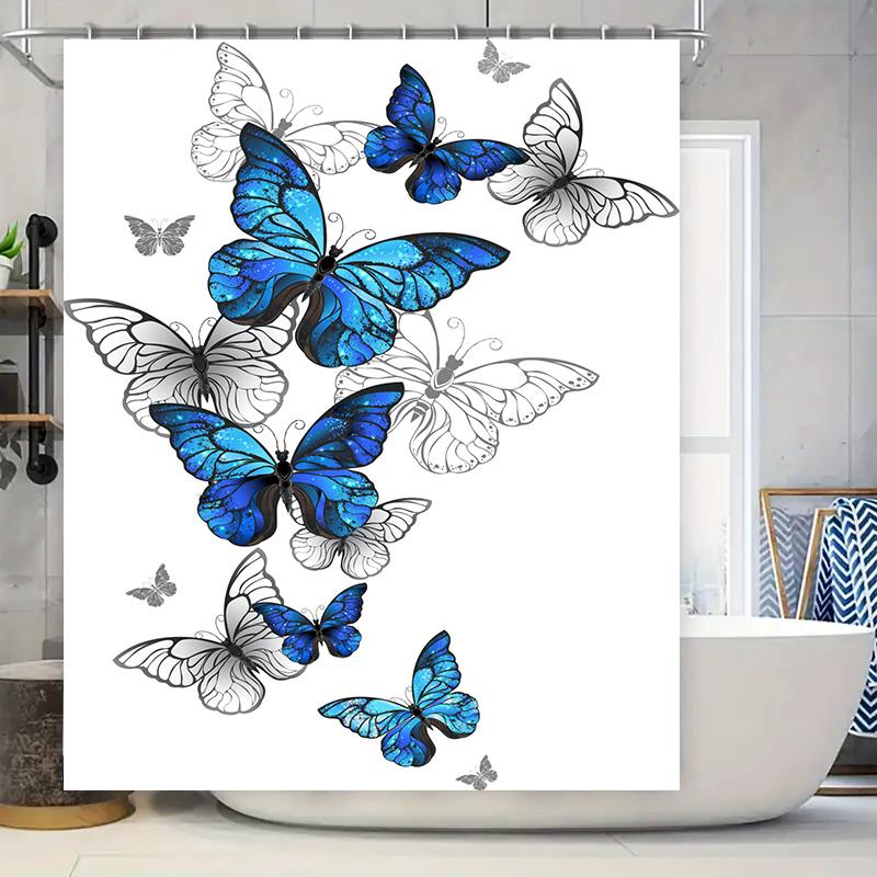 

Butterfly Shower Curtain Decor: Blue Black White Floral Design Printed Polyester Bath Mat Home Decoration W90XH180cm