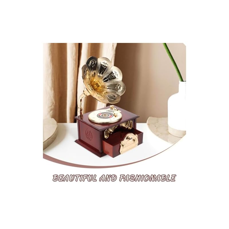Toyvian Phonograph-Style Wind-Up Music Box, Design, Interior Decoration, Gift Idea, 9.06 X 5.12 X 4.33 Inches, ABS Material, Perfect for Desk Decor