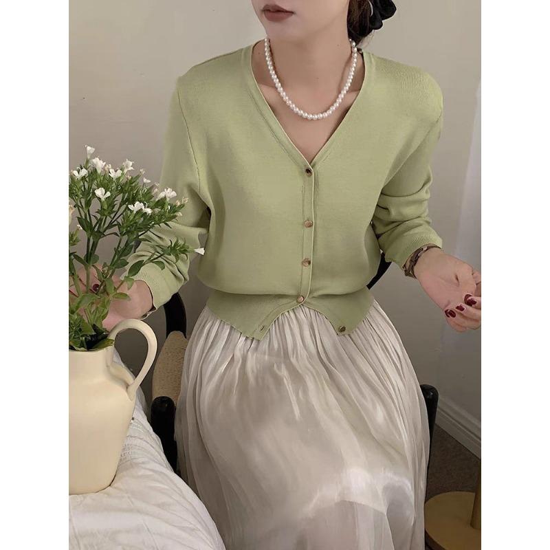 

Весенне-осенний новый однотонный вязаный кардиган, женская одежда, V-образный вырез, короткий топ с длинным рукавом, куртка, темпераментный, нежный и шикарный свитер 2047