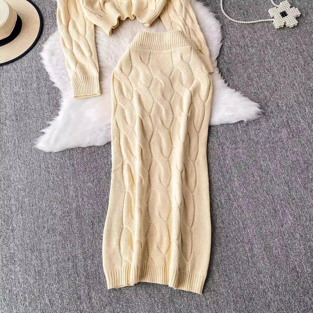 Autumn 2 Piece Set Turtleneck Sweater For Women Casual Fashion Style Chic Weave Top + High Waist Elegant Long Skirt