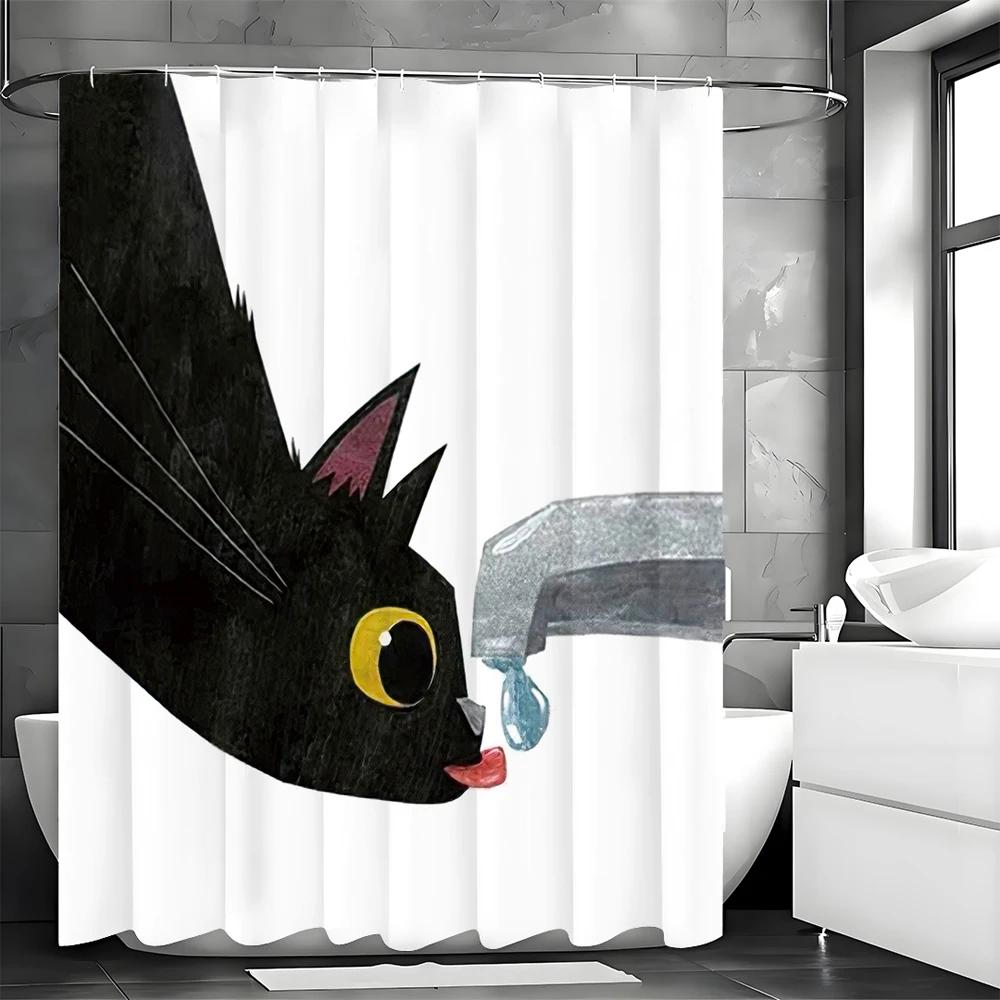 Cartoon Black Cat Drinking Shower Curtain, Bathroom Decorative Shower Curtain, Waterproof Shower Curtain With Hooks
