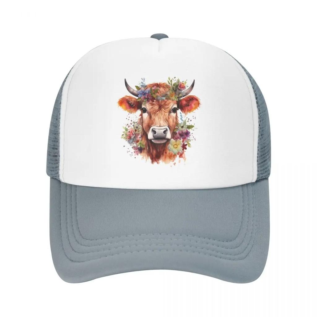 Custom Fashion Highland Cow And Flower Baseball Cap Women Unisex Breathable Trucker Hat PerforUnisexce Snapback Caps
