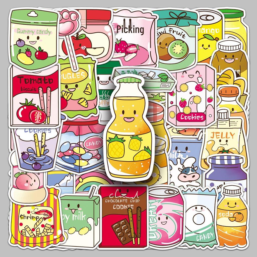 50pcs Cute Food Cartoon Stickers: Waterproof Snack-Themed Graffiti for Journals & Storage Boxes
