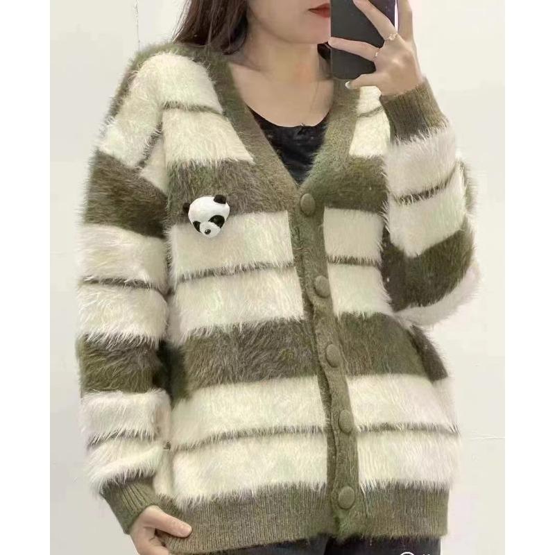 New Fashion Retro Striped Sweater Cardigan Female Niche Panda Doll Design Sense Couple Knitted Sweater