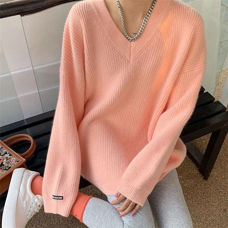 

Вязаный свитер осень-зима свободного кроя с V-образным вырезом средней длины, однотонный трикотажный топ с длинным рукавом для женщин, модная верхняя одежда One Size розовый